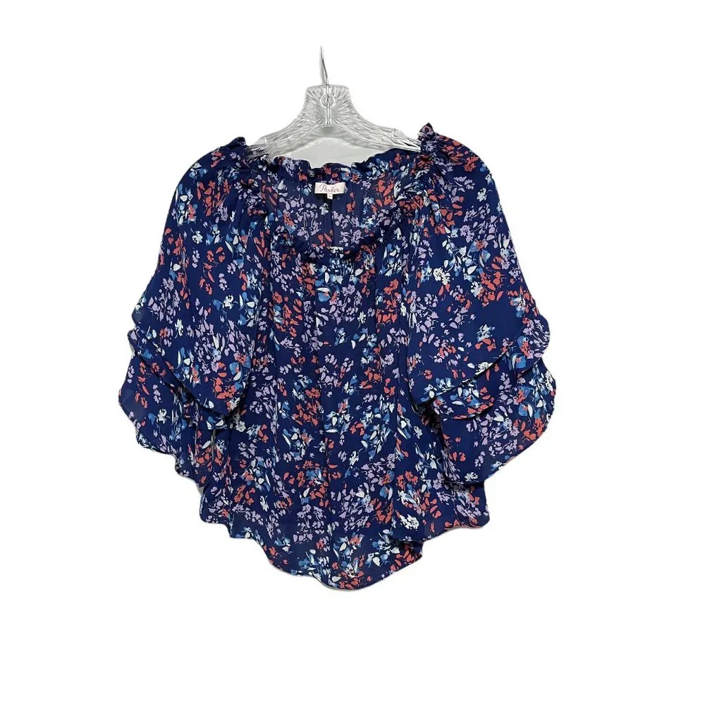 Parker XS Navy Floral On Off Shoulder Half Sleeve Blouse - Picture 2 of 5